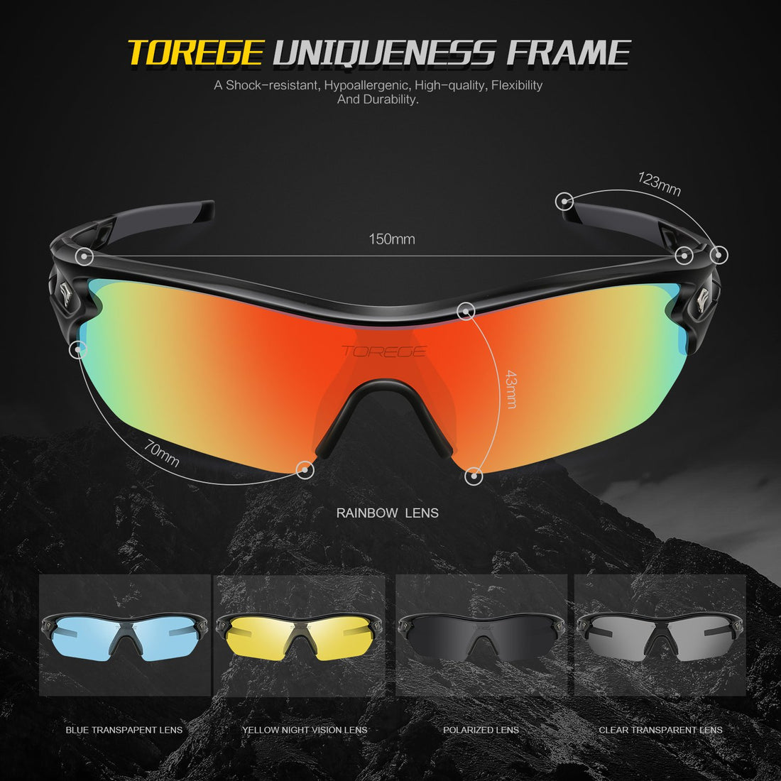 TOREGE Polarized Sports Sunglasses with 3 Interchangeable Lenes for Men Women Cycling Running Driving Fishing Golf Baseball Glasses TR002 (Black&Black Tips&Rainbow Lens)