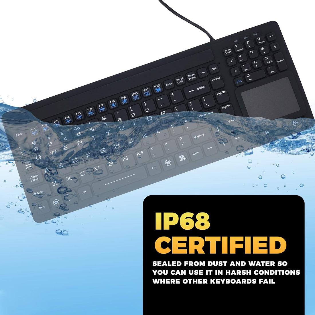 Industrial Silicone Waterproof USB Keyboard Touchpad IKB107 with IP68 by DSI