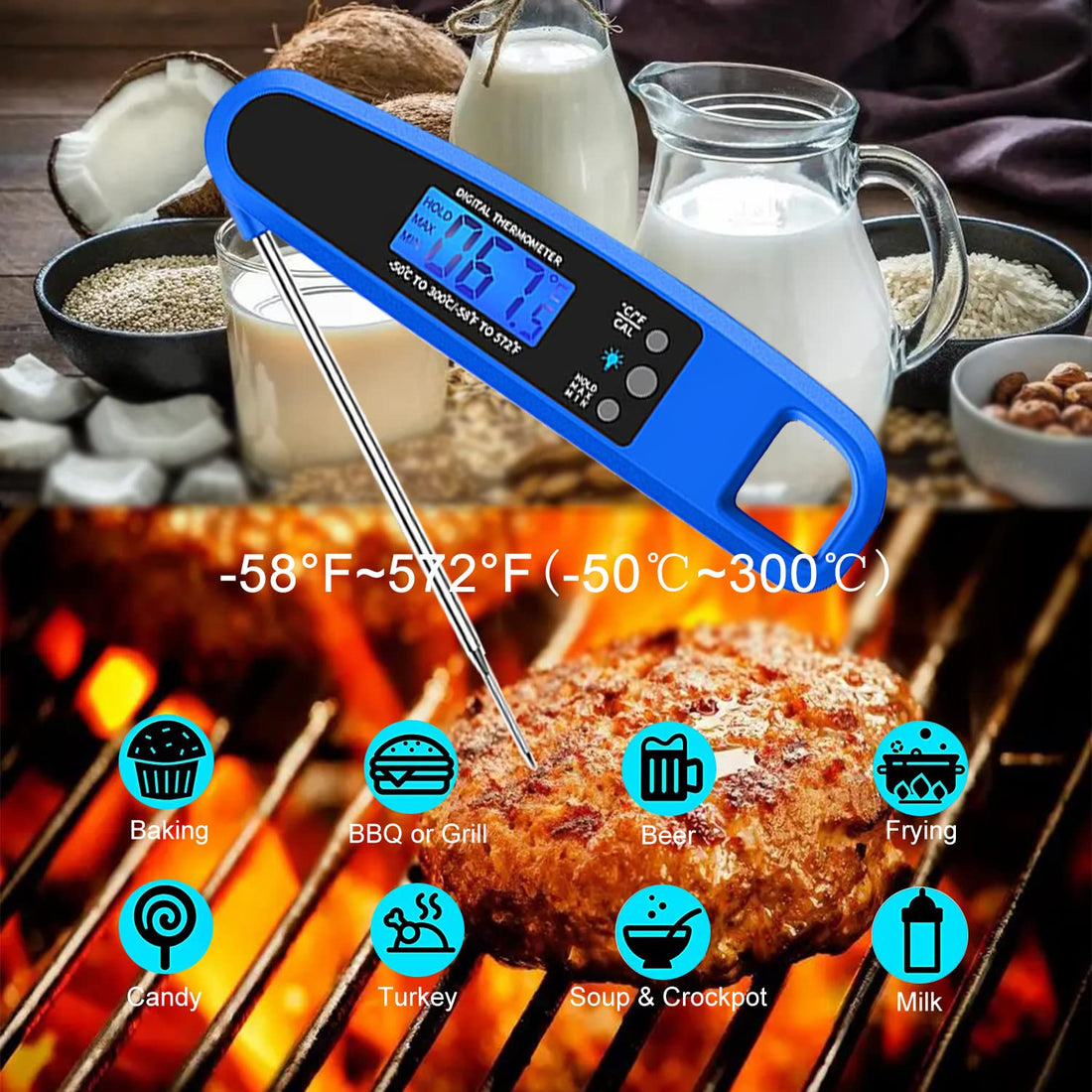 LIKEPAI Instant Read Meat Thermometer for Kitchen Cooking, Ultra Fast Precise Waterproof Digital Food Thermometer with Backlight, Magnet and Foldable Probe for Deep Fry, Outdoor BBQ, Grill(Blue)