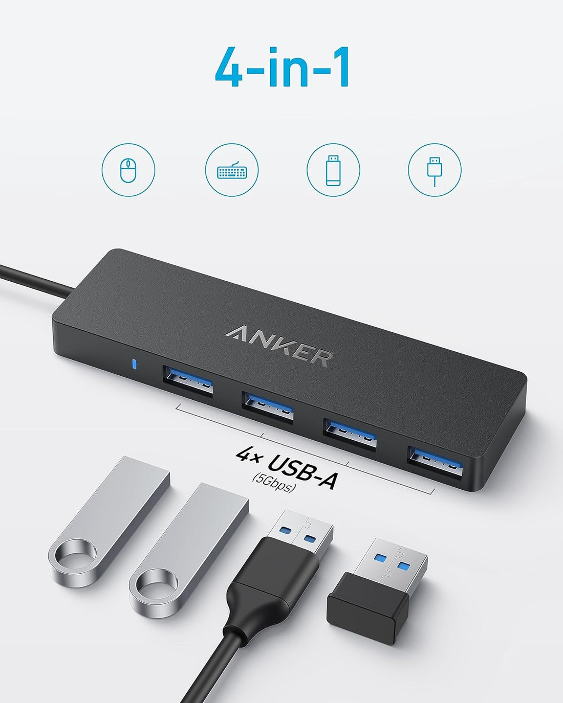 Anker USB C Hub, 4 Ports USB 3.0 Data Hub with 5Gbps Data Transfer, 0.7ft Extended Cable[Charging Not Supported], USB C Splitter for Type C MacBook, Mac Pro, iMac, Surface, Flash Drive, Mobile HDD