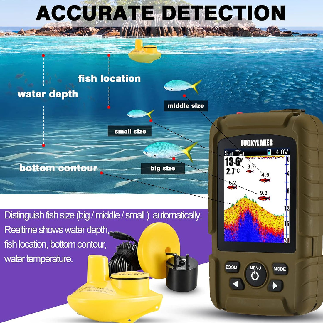 LUCKYLAKER Sensor Handheld Fish Finder Water LCD Boat Depth Finder Display Transducer Wireless Waterproof Fish Finders Transducer Fishing Gift