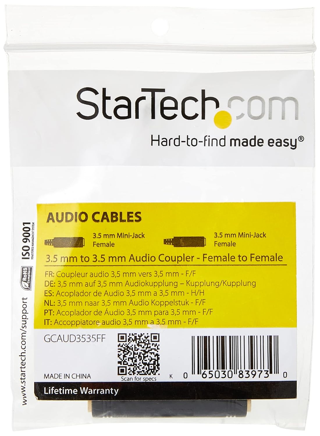 StarTech.com 3.5mm Female to Female Coupler - 3.5mm Audio Coupler - Gold Plated Connectors - Female/Female - Aux Cord Adapter (GCAUD3535FF),Black