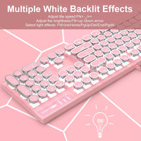 Retro Typewriter Keyboard and Mouse Combo, Cute Pink Keyboard with Linear Red Switches, Full Size Wired Mechanical Gaming Keyboard, Cool Light Up Keyboard and Mouse for Gaming,Work,Mac,PC,Windows