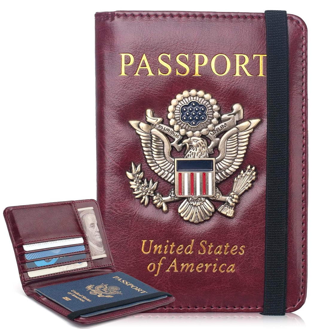 RFID Passport Holder Cover for Travel Passport Wallet Case for Women Men, Waterproof Leather Passport and Ticket Organizer Travel Documents Carrier Protector US Passport Book with Vaccine Card Slot, Wine, Rfid Wallet
