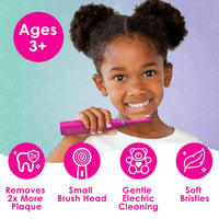 Brusheez - Childrens Electric Toothbrush Includes Toothbrush, Adorable Head Cover, 2 Toothbrush Heads, 2-Minute Sand Timer, and Holder Stand - Prancy the Pony
