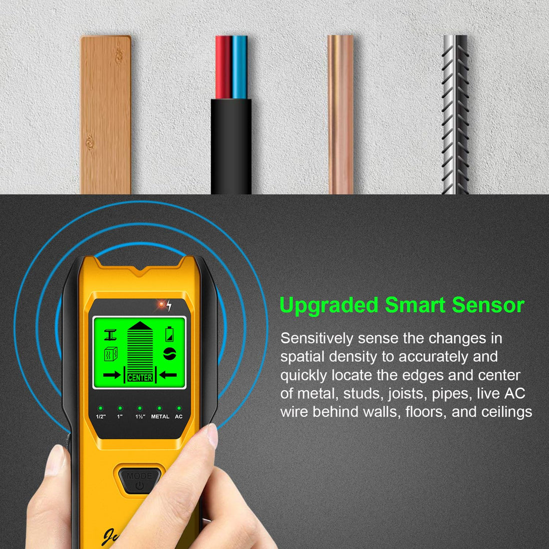 Stud Finder Wall Scanner, 5 in 1 Multi-function Upgraded Smart Stud Sensor, Wall Scanner with Battery for the Center& Edge of Metal, Studs and AC Wire, Pipe Locator for Walls(Yellow)