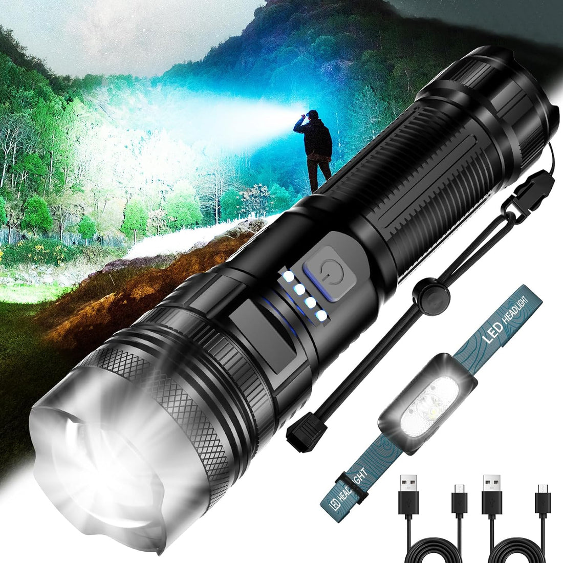 MOKURA Rechargeable Led Flashlight High Lumens with Headlamp, 90000 Lumen USB C Flashlights Emergency, Waterproof Bright Zoomable Flash Light Powerful for Home Camping Hiking Fishing