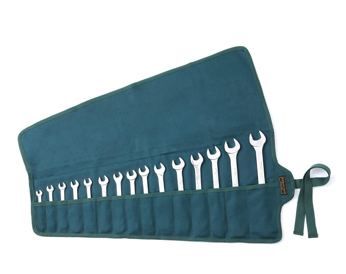 Tool Bag, Heavy Duty 16oz Waxed Canvas Wrench Roll Up Pouch 15-Piece( 6-19mm ), Multi-Purpose Tool Organize Bag with Straps ( 21.5" X 11.8", DarkGreen)