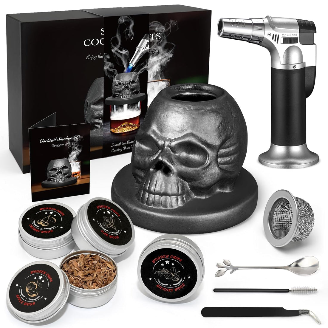 Cocktail Smoker Kit with Torch & 4 Flavors Wood Smoker Chips, iTayga Ceramics Whiskey Smoker Kit for Cocktails, Whiskey, Drinks, Bourbon - Unique Gifts for Men/Father/Husband/Friends(No Butane) -Black