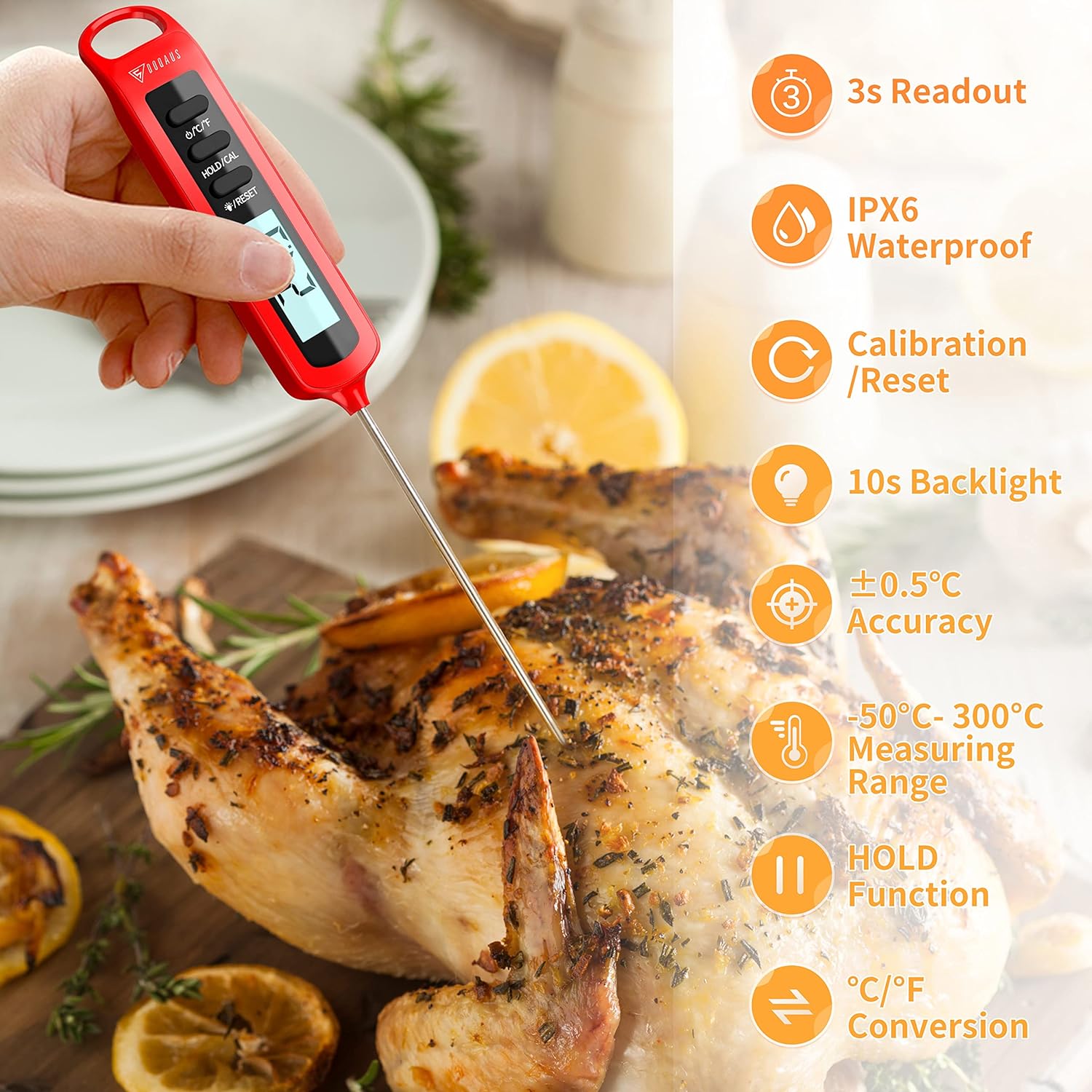 DOQAUS Meat Thermometer, 3s Respond Digital Cooking Thermometer, IPX6 Waterproof Instant Read Food Thermometer Temperature Probe with Backlit & Calibration, Kitchen Thermometer Probe for Turkey/Candy