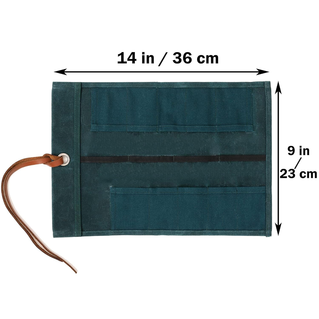 Tool Roll Up Pouch, Heavy Duty 16oz Waxed Canvas Tool Bag, Multi-Purpose Chisel Pouch - 10 Pockets & 1 Tie Rope | Dark Green | 14" L x 9" W