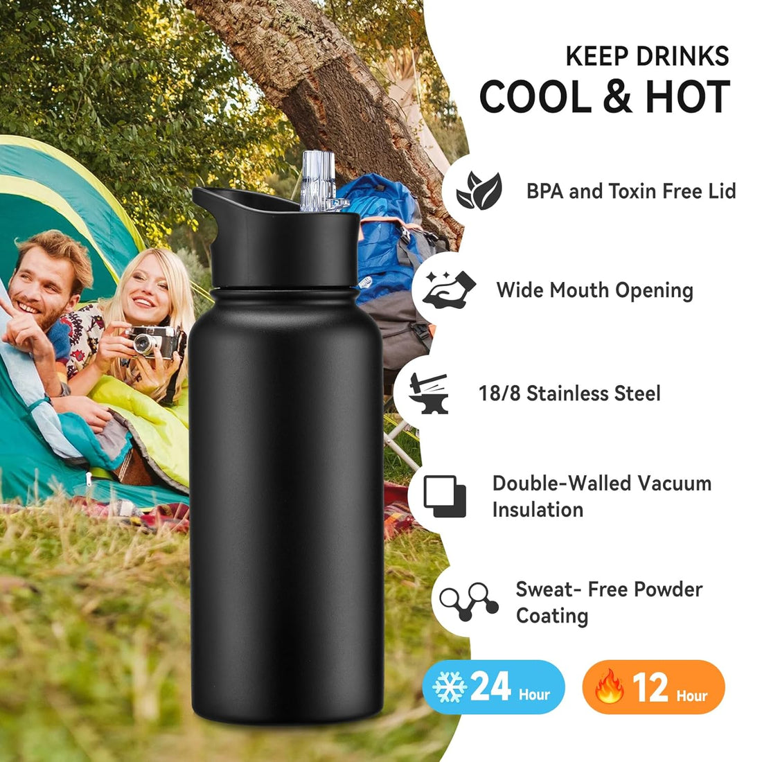 Cool Yoleb 32 oz Insulated Water Bottle with Straw & Spout Lid, Leak Proof Metal Water Bottles, Stainless Steel Double Wall Vacuum, Wide Mouth Thermal Water Bottle for Travel Sports (Black, 1)