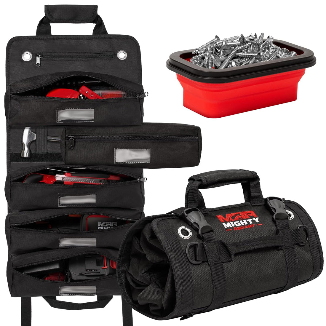 Mighty Red Ant Tool Roll Organizer - Versatile Roll Up Tool Bag with Magnetic Tray Accessory, Ideal for Workshop, Car, Motorcycle - Durable Tool Roll Pouch for Professionals