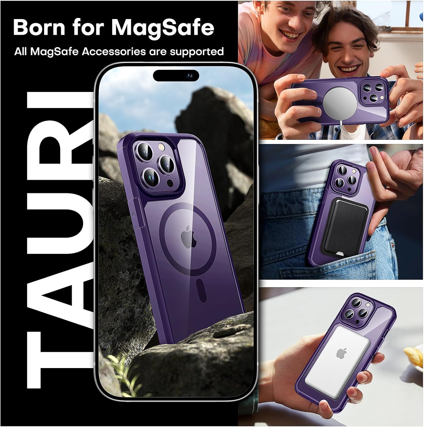 TAURI Magnetic Clear Case for iPhone 14 Pro Max [Military Shockproof] [Designed for MagSafe] Slim Cover 6.7 inch, Purple