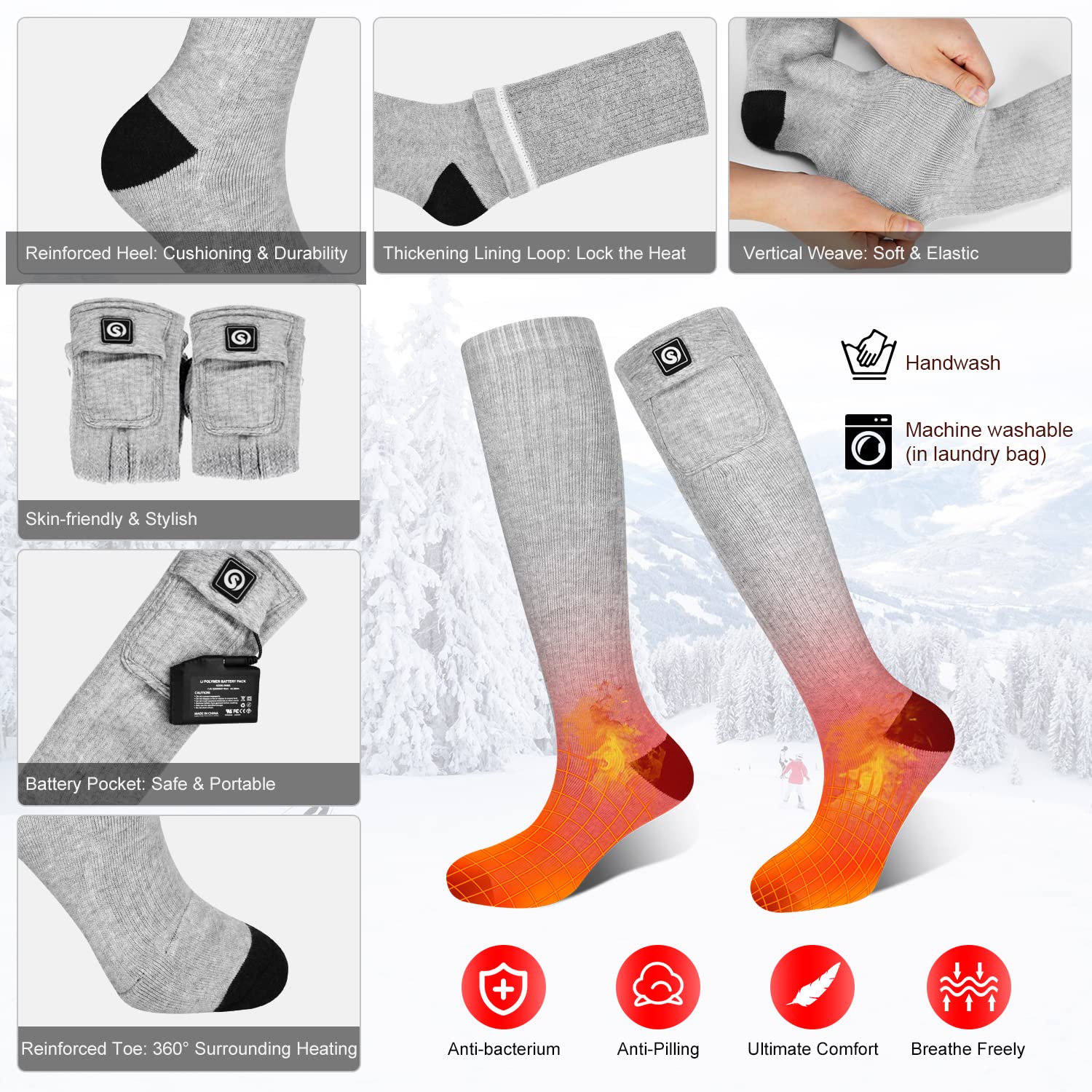 Heated Socks for Men Women,7.4V 2200mah Electric Rechargeable Battery Warm Winter Socks,Cold Weather Thermal Heating Socks Foot Warmers for Hunting Skiing Camping (Gray, Large)