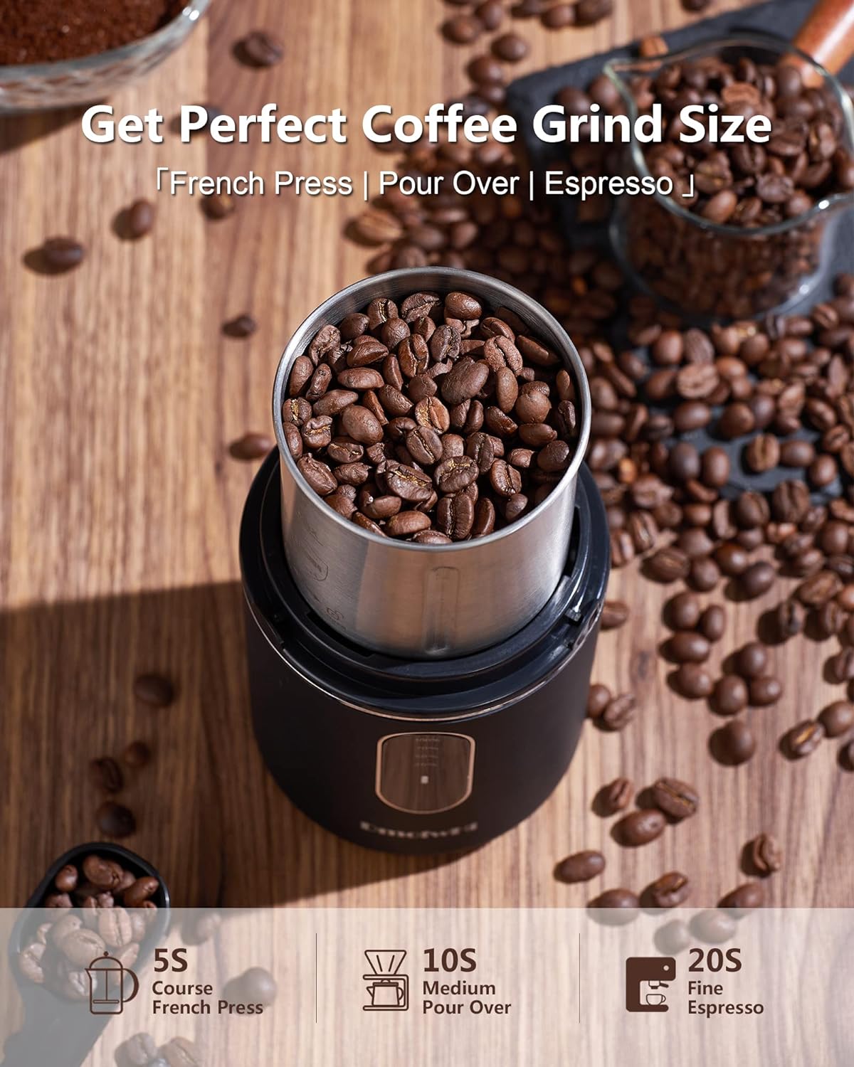 Cordless Coffee Grinder Electric, DmofwHi USB Rechargeable Spice Grinder Electric with 304 Stainless Steel Blade and Removable Bowl, French Grind Coffee Bean Grinder for Spices and Seeds-Black
