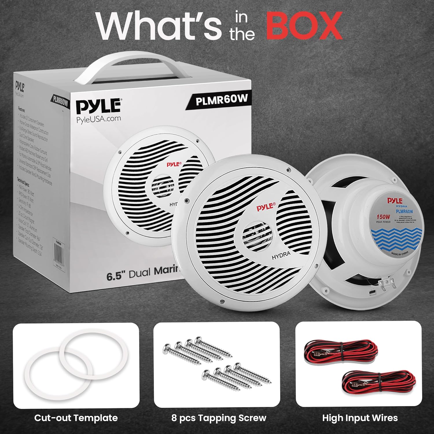 Pyle Dual 6.5'' Waterproof Marine Speakers, Full Range Stereo Sound, 150 Watt, White (Pair)