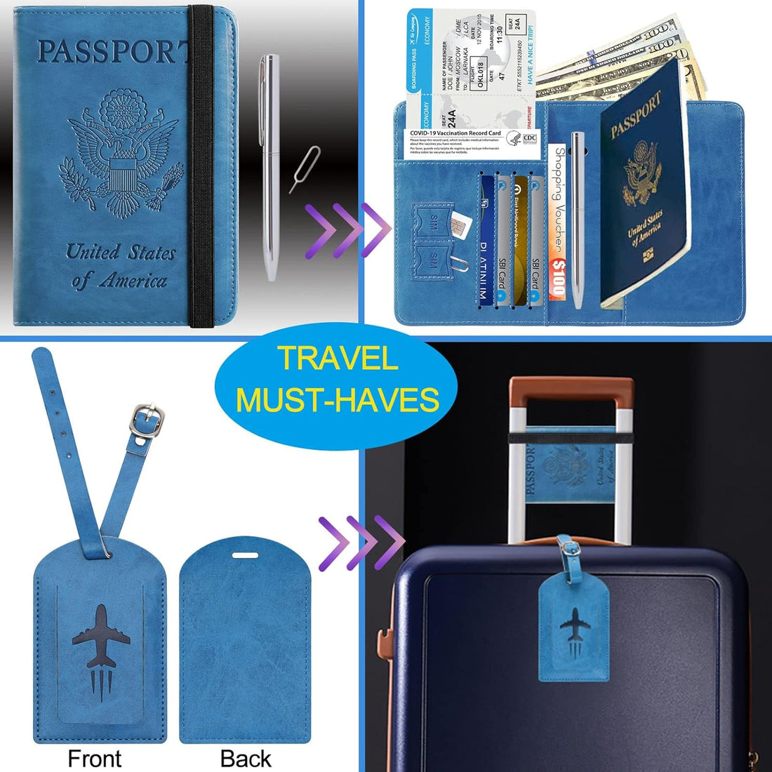 Passport Holder Cover Wallet RFID Blocking Leather Card Case Travel Document Organizer, 115#Blue, With Luggage Tag