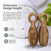 Kindled Ivy Wooden Pepper Grinder & Salt Grinder Shaker Set - Beautiful Natural Wood, Adjustable Ceramic & Non-Eroding Grinders, Ring Top Shape 8x2.5", Refillable, Beautiful Gift Box (Olive Wood)