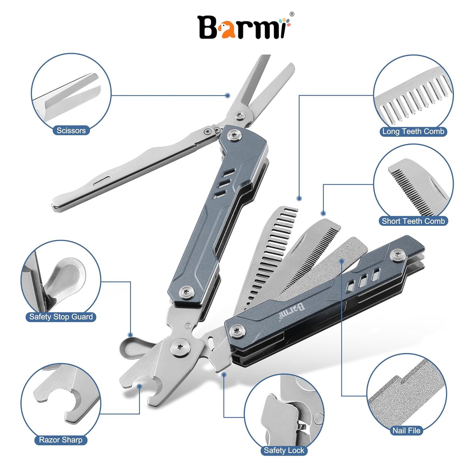 BARMI Dog Nail Clipper with Pet Grooming Scissors and Fine Hair Cleaning Comb, Dog Nail File, 6-in-1 Multitool for Products Suitable for Medium to Large Dogs and Cats