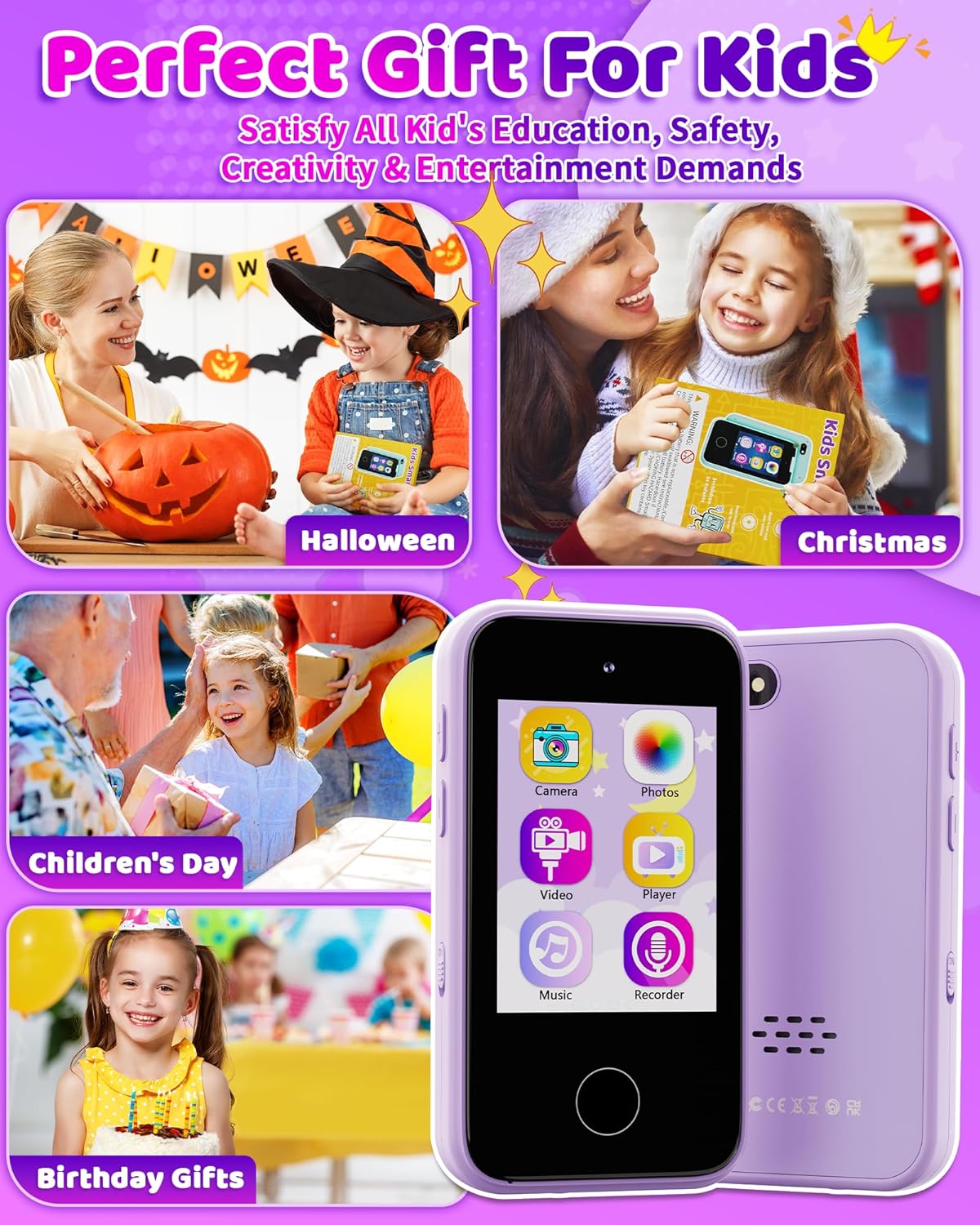 Kids Smart Toy Phone, Dududragon Touchscreen Phone Learning Toy Birthday Gifts for 3 4 5 6 Year Old Girls Boys Kids MP3 Music Player with Dual Camera, Games, Alarm Clock for Girls Ages 3-6 (Purple)