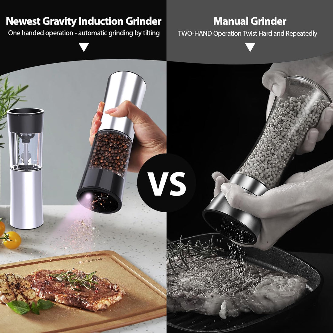 Sobtoe 2023Newest Gravity Electric Salt and Pepper Grinder Set, Rechargeable Automatic Salt and Pepper Mill Grinder with Adjustable Coarseness, Electric Salt and pepper Shakers, LED Light, (2 Packs)