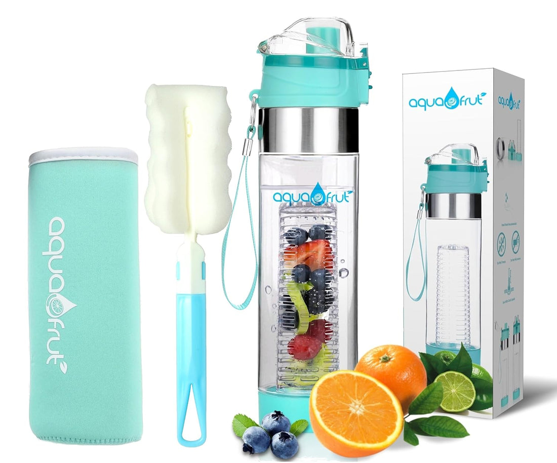 NEW Improved Unique Bottom Loading Fruit Infuser Water Bottle Complete Bundle Includes Bottle Brush, Insulating Sleeve & Infusion Recipe eBook. Leak Proof Sweat Proof BPA-Free (Teal)