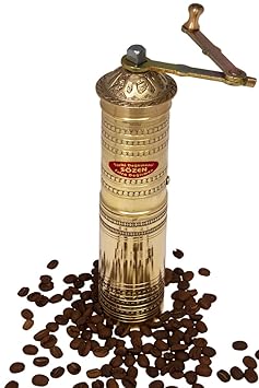 9" Handmade Hand Crafted Hammered Manual Brass Coffee Mill Grinder Sozen, Portable Conical Burr Coffee Mill, Portable Hand Crank Coffee Grinder, Turkish Coffee Grinder