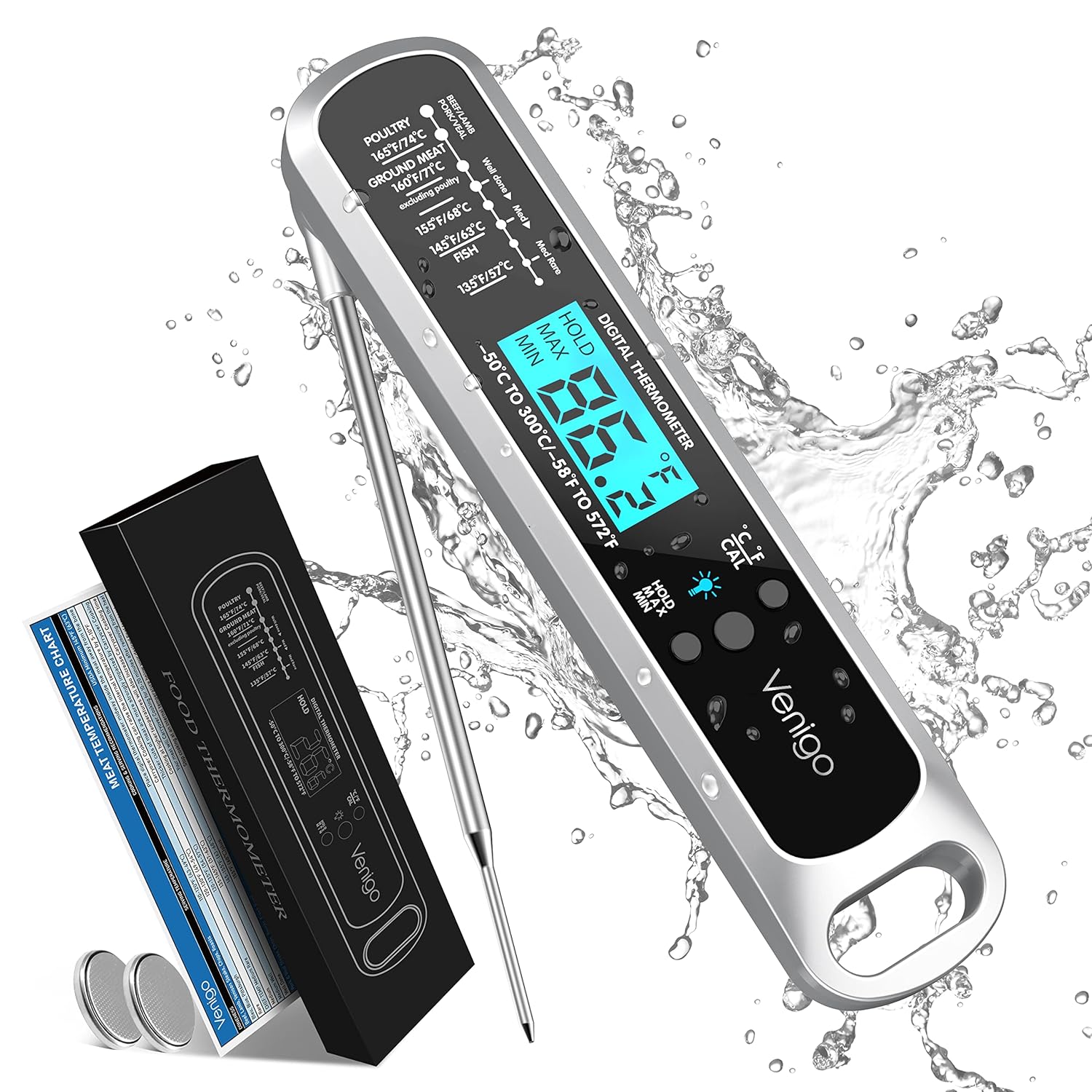 Venigo Digital Meat and Food Thermometer for Cooking and Grilling, Waterproof Instant-Read Cooking Thermometer, Kitchen Probe Thermometer for Baking, Roasting, Smoking, Deep Frying (Silver)