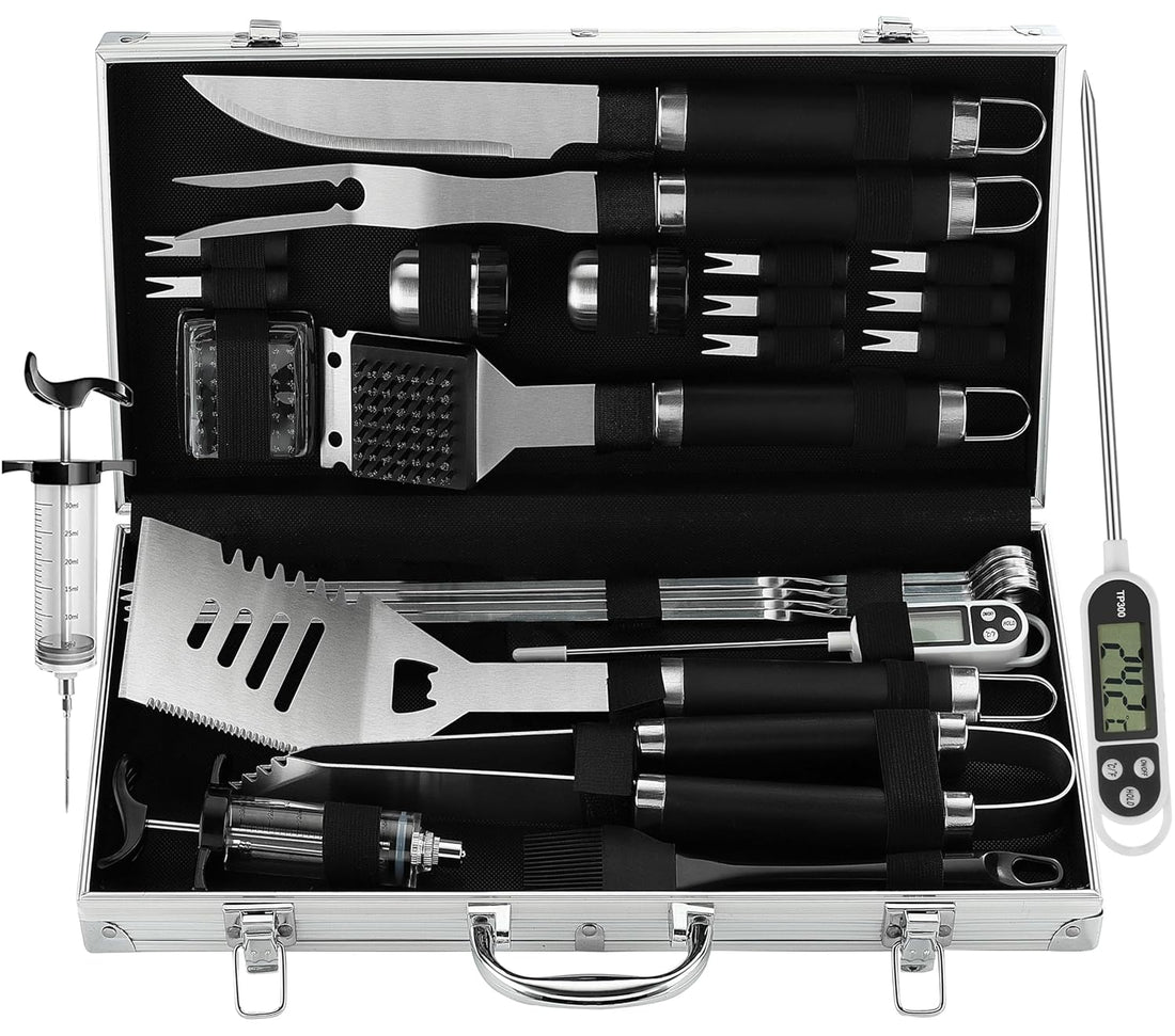 grilljoy BBQ Grill Tool Set with Gift Wrapping Box, 24pcs Stainless Steel BBQ Accessories with Black Non-Slip Handle in Aluminum Case, Premium Complete BBQ Utensil Gift for Man
