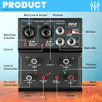 Pyle Professional Wireless DJ Audio Mixer - 2-Channel Bluetooth DJ Controller Sound Mixer w/USB Audio Interface, Combo Jack Microphone/Guitar XLR+6.35mm, 3.5mm Stereo In, Headphone Jack - PAD22MXUBT