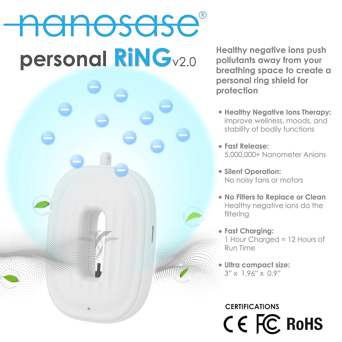 Nanosase ring personal air purifier necklace mini ionic wearable for Kids, Adults, healthy negative ion therapy, filterless mobile air ionizer by igozen. (Black, 1 Pack)