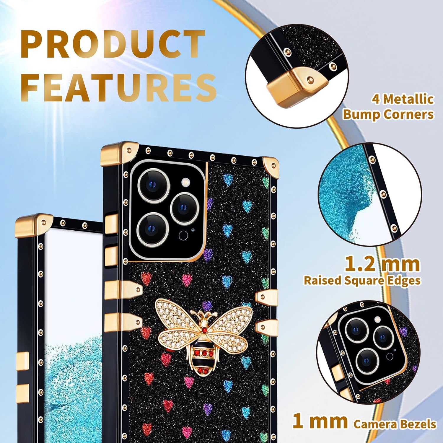 Loheckle for Square iPhone 11 Pro Max Case, Designer Retro Luxury Cases for Women with Ring Stand Holder and Lanyard, Stylish Bee Cute Cover for iPhone 11 Pro Max 6.5 Inch