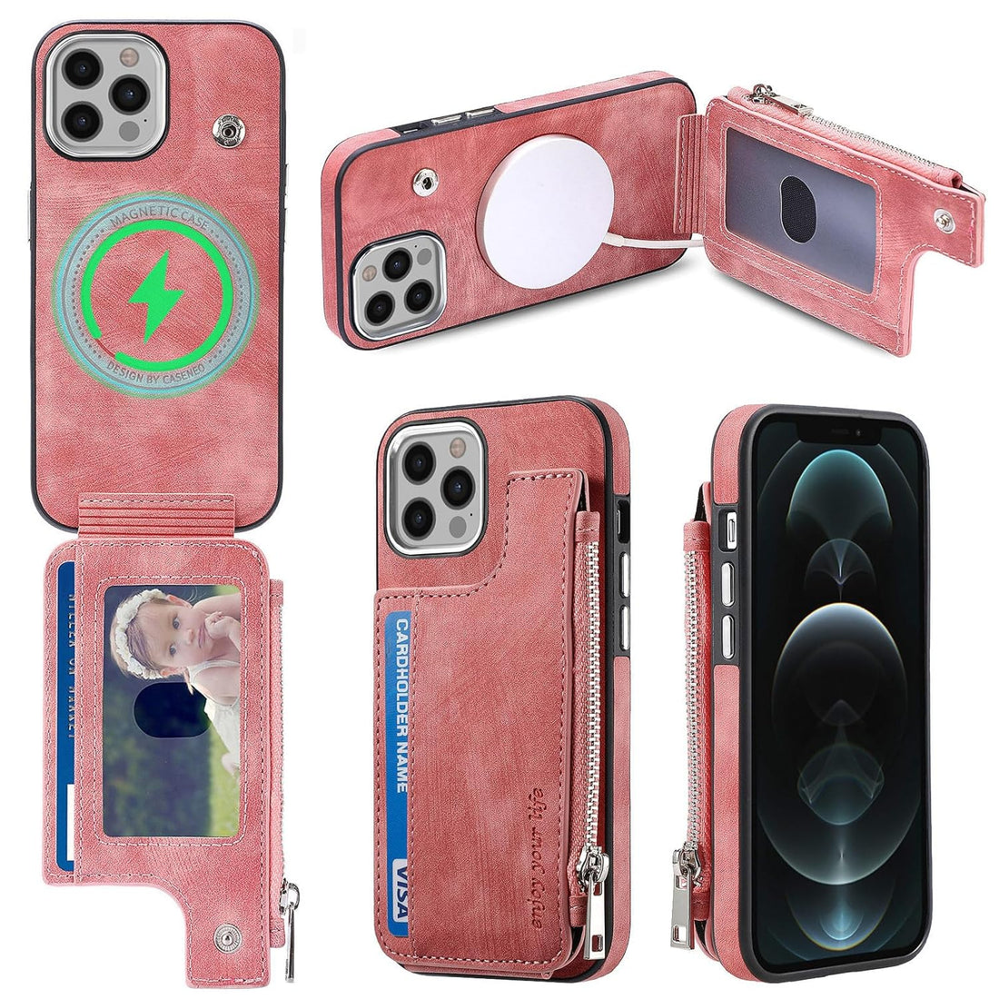 Furiet Wallet Case for iPhone 12 Pro iPhone12 6.1 with MagSafe Magnetic RFID Blocking and Credit Card Holder Kickstand Wireless Charging Leather Zipper Phone Cover for iPhone12pro 5G i 12s 12pro Pink