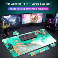 Keyboard Wrist Rest and Desk Mouse Pad with Wrist Support (4 PCS Set ) , Large Gaming Extended XXL Desk Pad Table Mat ,Mousepad with Ergonomic Wrist Rest for Desktop Computer -Green Golden Marble