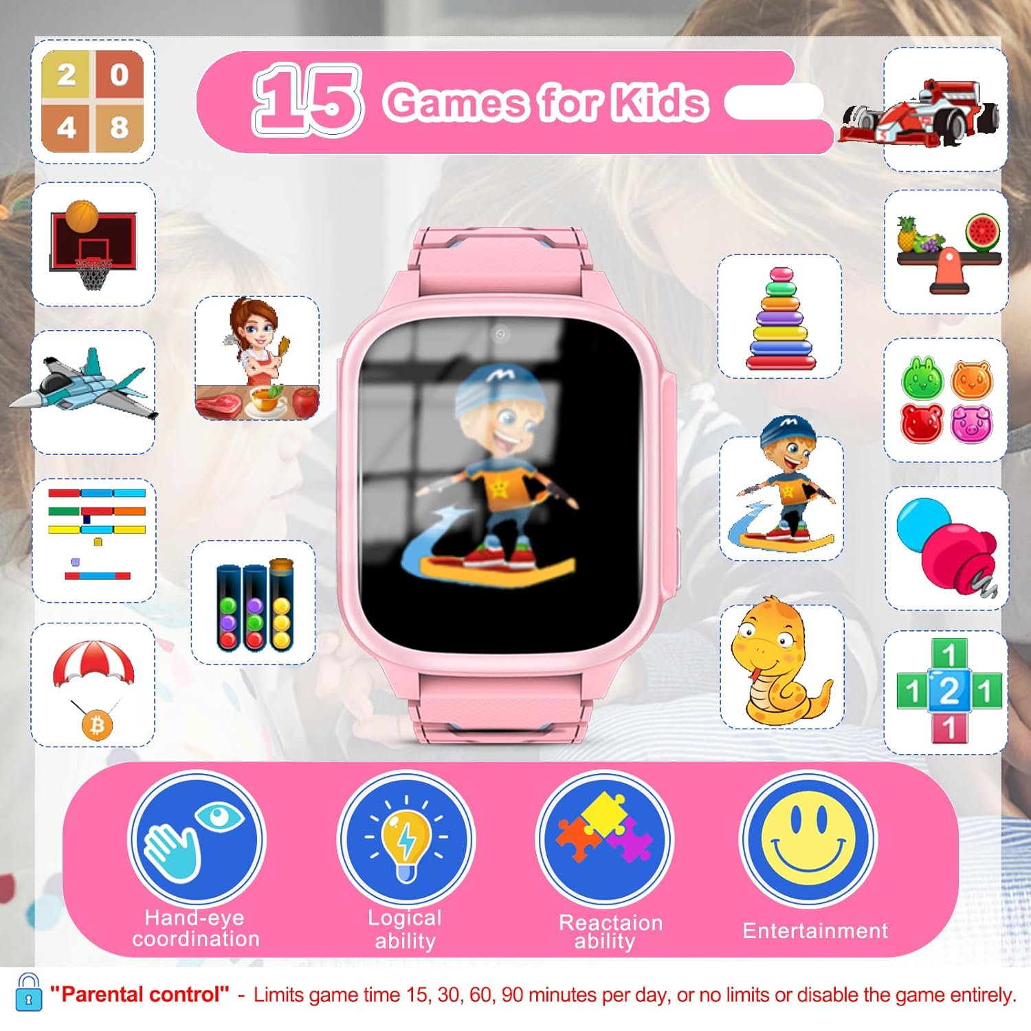 AstraMinds Kids Smart Watches Girls Boys - Kids Smartwatch with 15 Games,Habit Tracker,2 Camera,10 Stories, Smart Watch for Kids Boys Girls Ages 3-10(Pink)