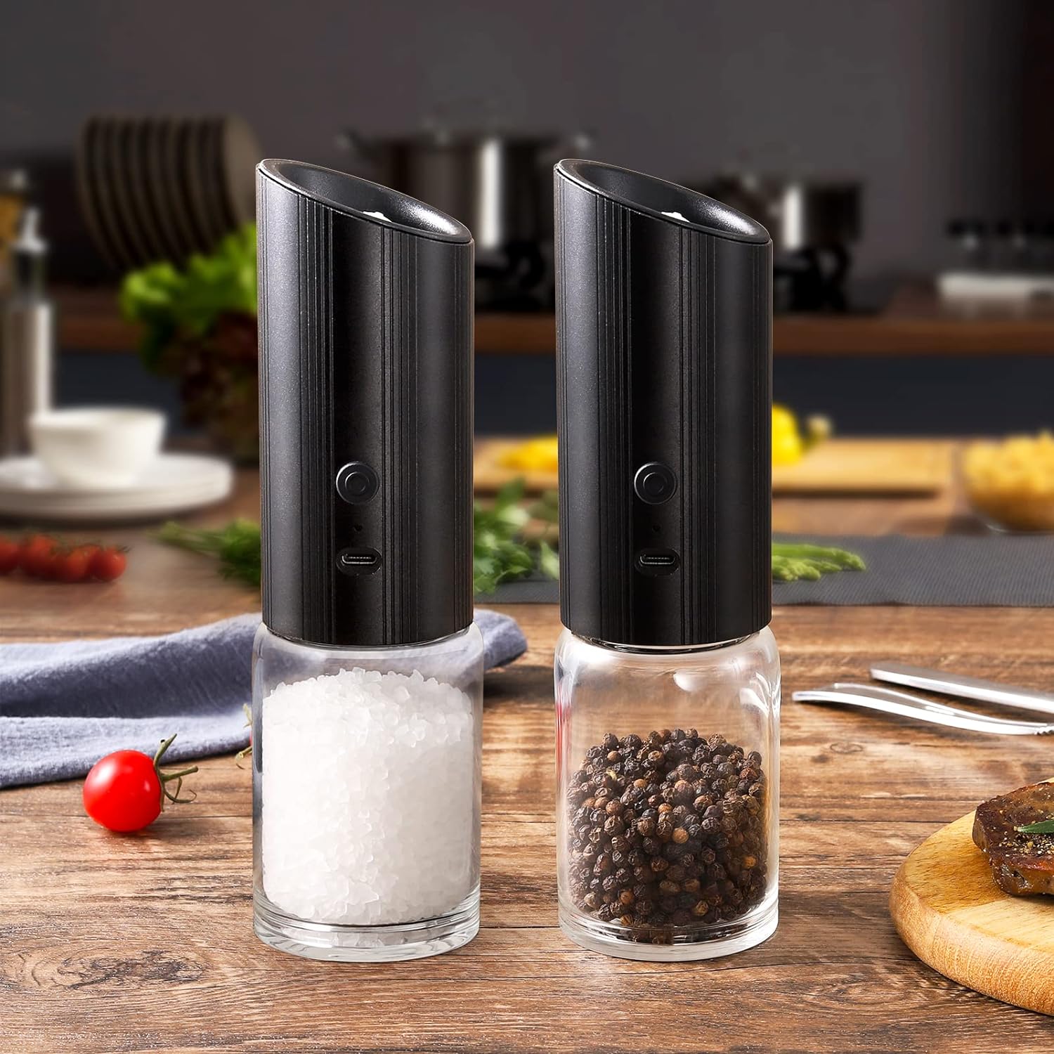 VEVOK CHEF Rechargeable Electric Salt and Pepper Grinder Set USB Black