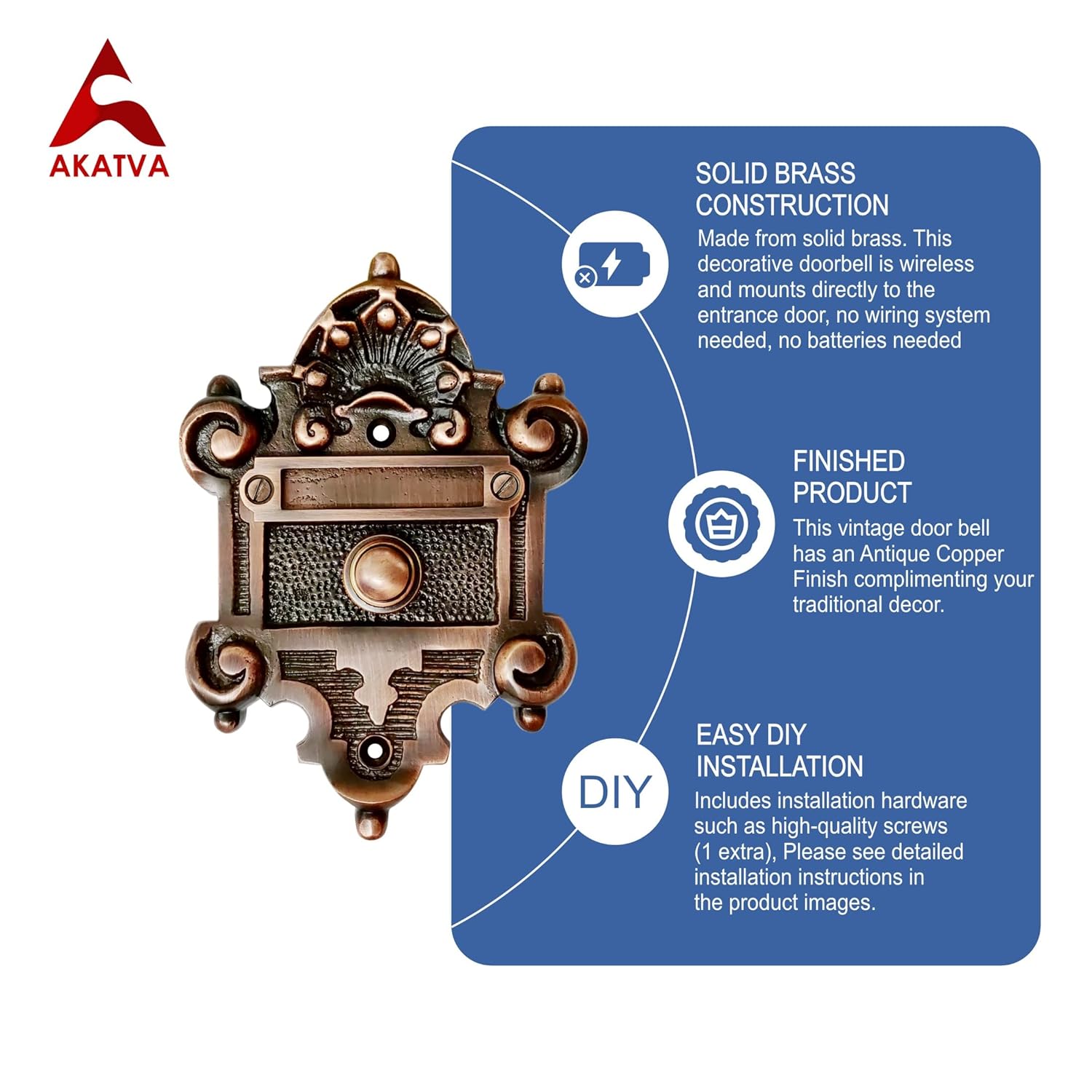 Akatva Decorative Doorbell Button – Finest Quality Bell Push Button – Easy to Install Calling Bell Button – Vintage Décor Doorbell Button Finely Hand Crafted - Antique Copper Finish