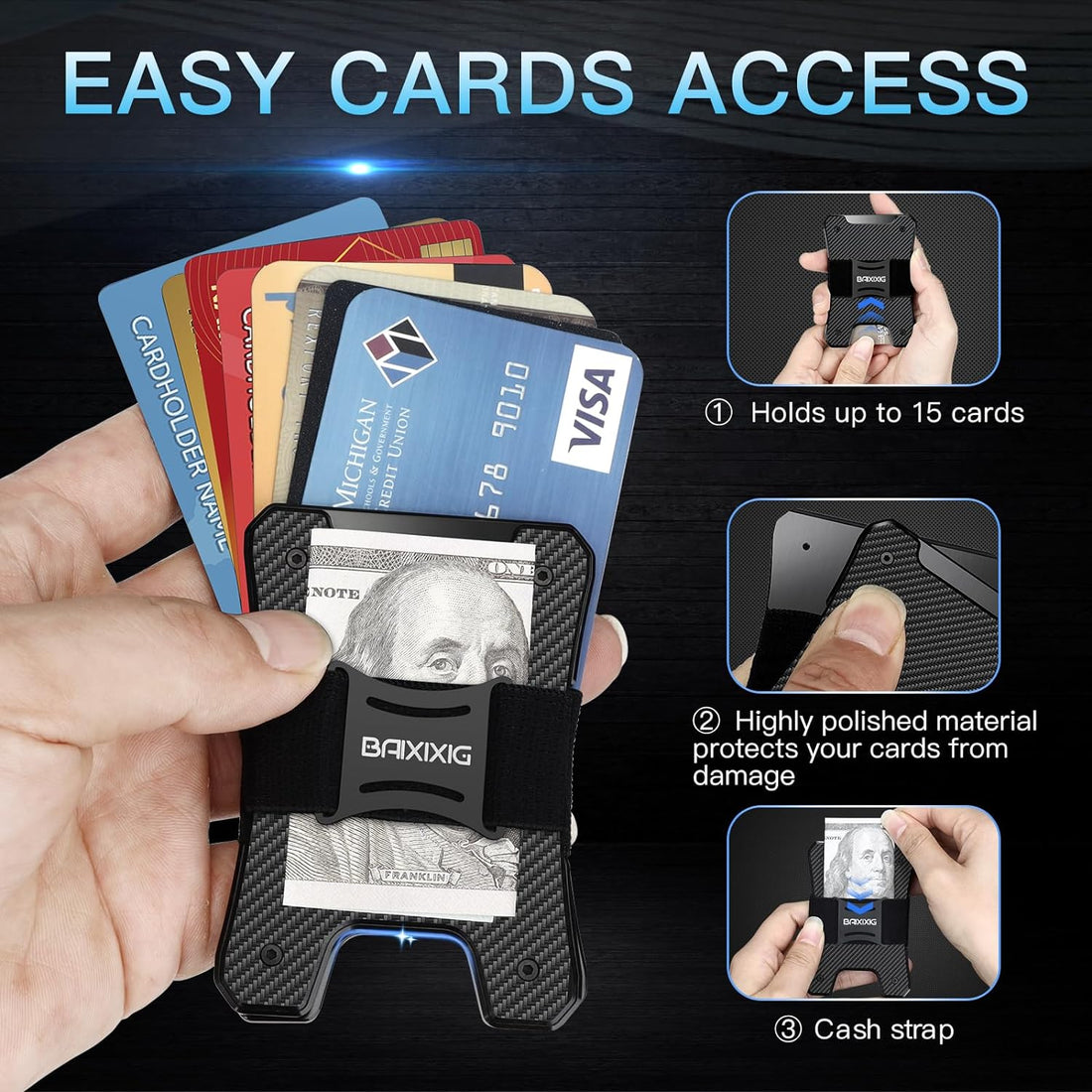 BAIXIXIG Metal Wallet for Men, Ergonomics Design Money Clip Wallet, Easily Removable Cards, Minimalist Slim Wallet with RFID Blocking, Holds 16 Cards, B: Black-Cash Strap, S, Minimalist