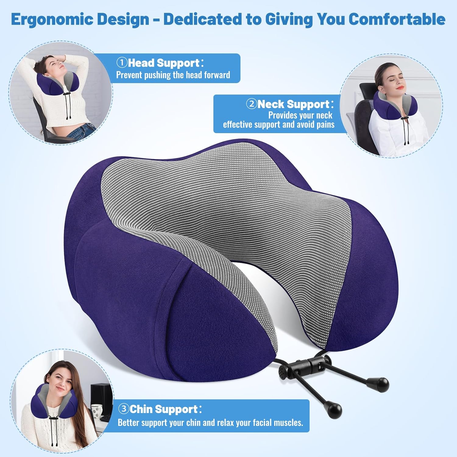 CloudBliss Travel Pillow Premium Memory Foam, Comfortable & Supportive Neck Pillow, Pain Relief Sleeping Neck Pillows for Travel, Airplane Pillow for Sleeping Airplane, Car, Office and Home（Navy）