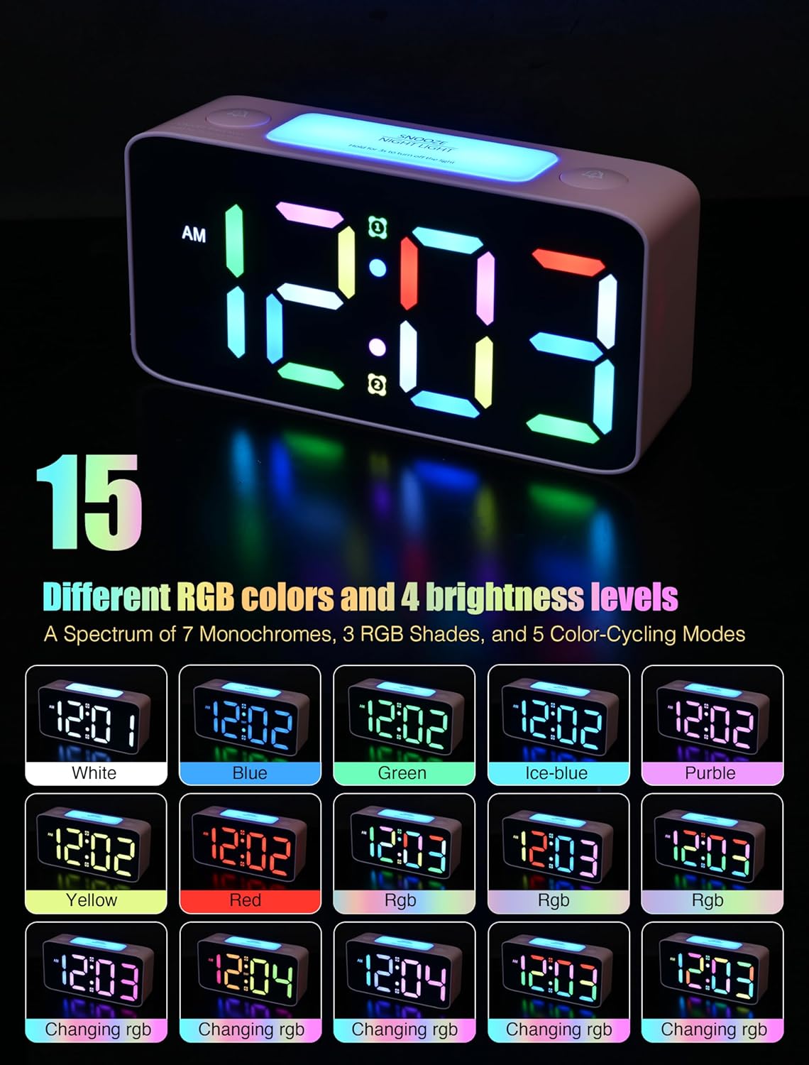 AYRELY Digital Alarm Clock for Bedroom - Dual Loud Alarms, Large Night Light with 7 Colors,Adjustable Volume,Dimmer,Desk Clock with USB Charger, Ok to Wake Up for Kids,Teens