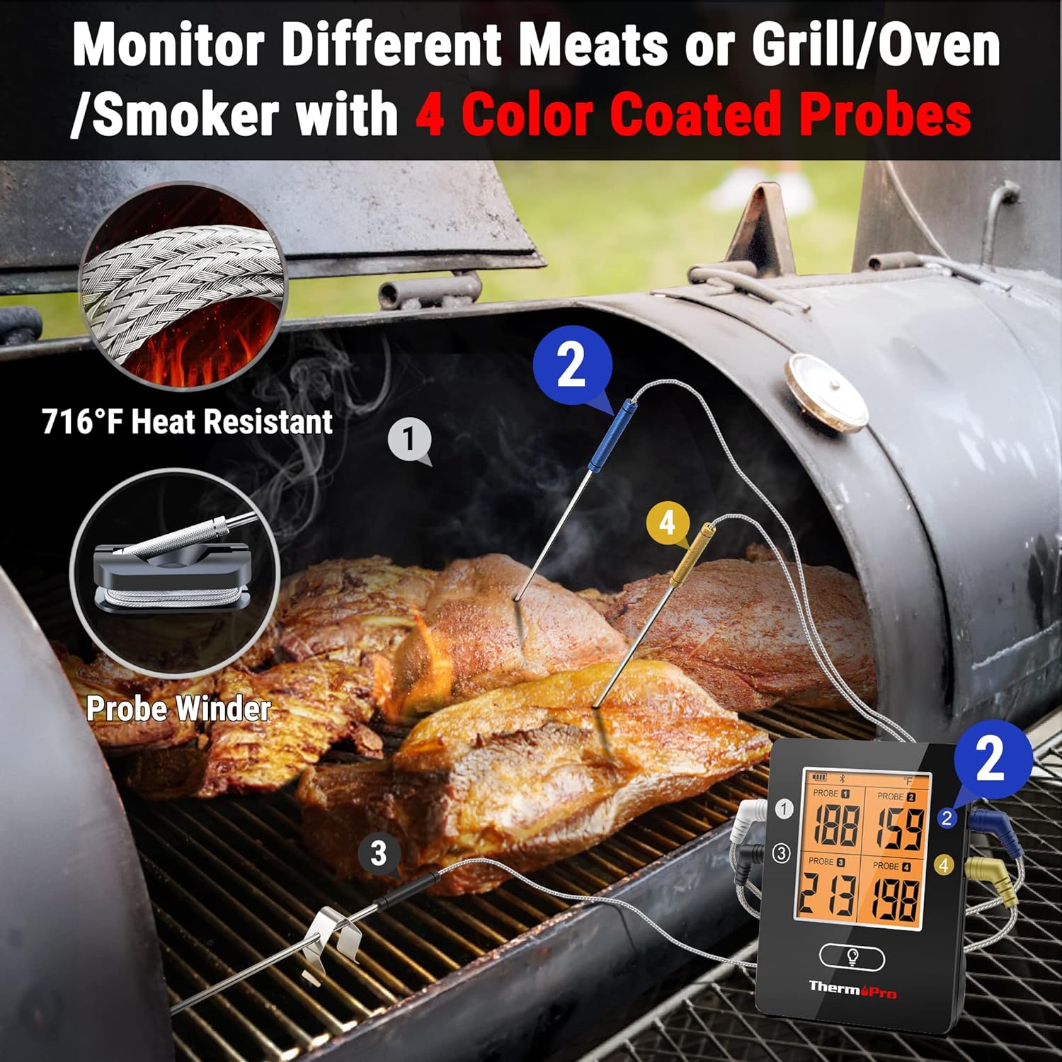 ThermoPro TP25 650FT Bluetooth Meat Thermometer with 4-Probes, Smart Rechargeable Wireless Meat Thermometer for Grilling, Smoker, Oven, Kitchen, BBQ Thermometer with Alarm, Temperature Graph, Black