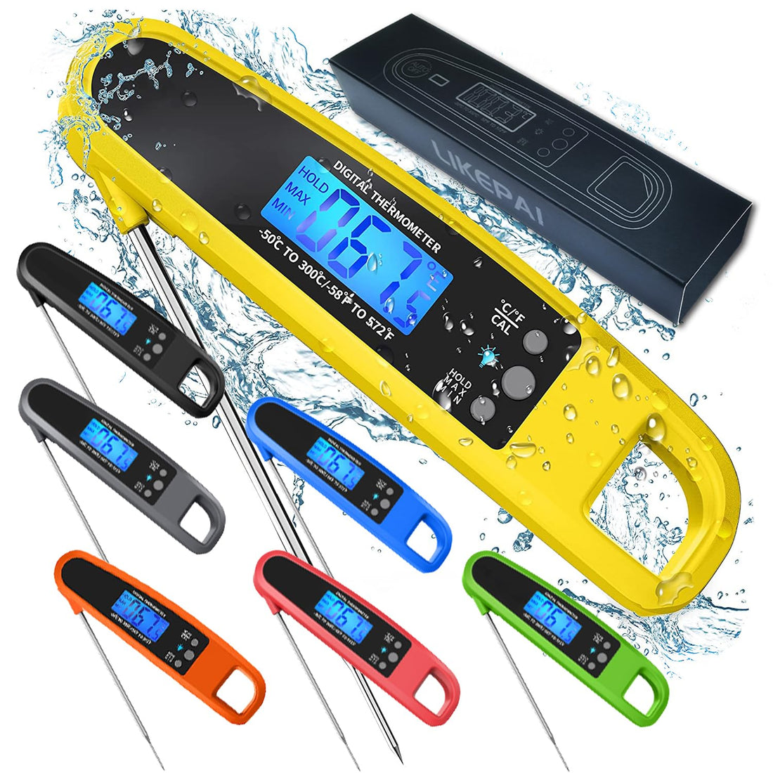 LIKEPAI Instant Read Meat Thermometer for Kitchen Cooking, Ultra Fast Precise Waterproof Digital Food Thermometer with Backlight, Magnet and Foldable Probe for Deep Fry, Outdoor BBQ, Grill(Yellow)