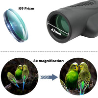 Tydeux 8x42 Waterproof Monocular Telescope -K9 Prism for Travel Secenery Wildlife Bird Watching Hunting Camping