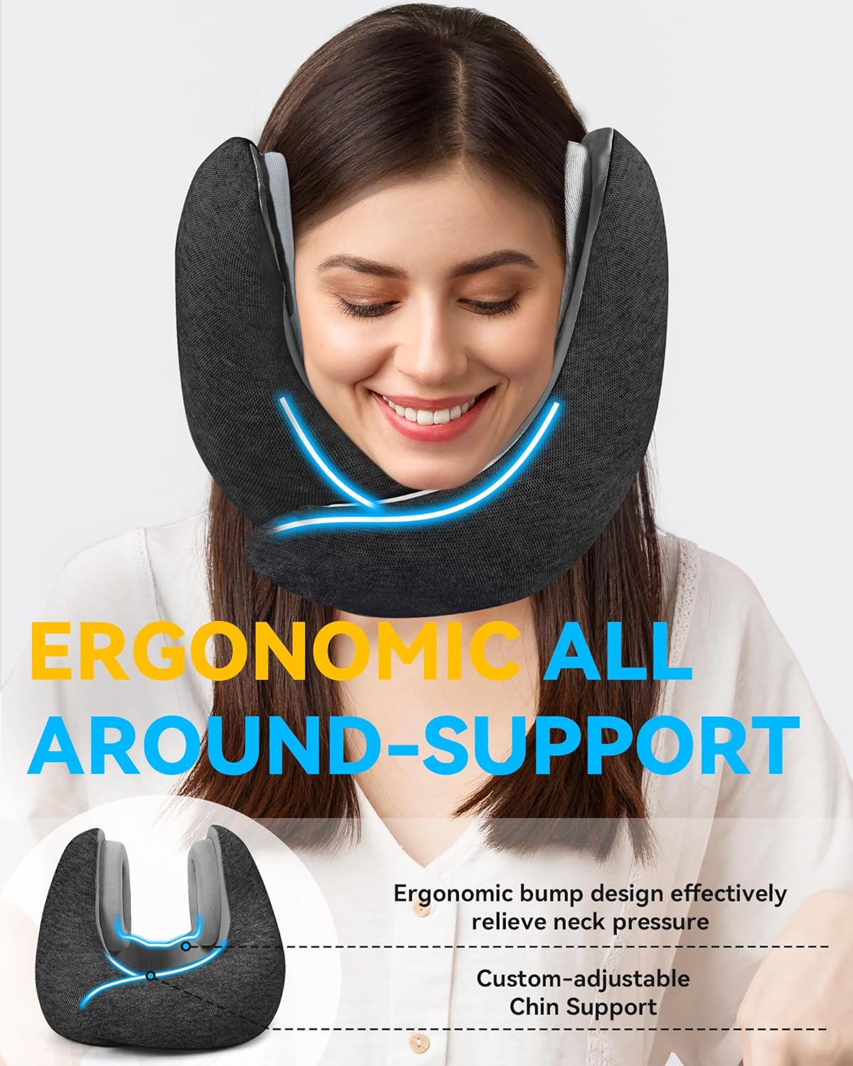 SOUTHVO Travel Pillow Noise Cancelling for Neck Support, 100% Pure Memory Foam Neck Pillow with Noise Cancelling Earmuffs for Traveling, Removable Washable Cover (L, Rock Gray)