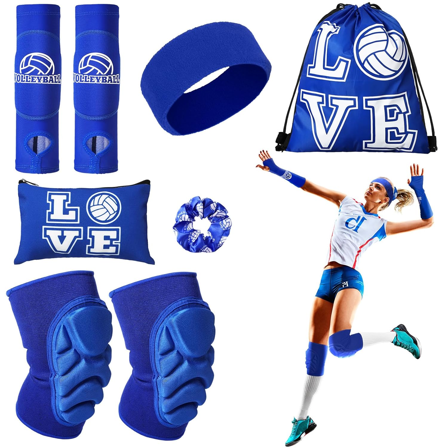 Vabean 8 Pcs Volleyball Accessories, Volleyball Arm Sleeves Volleyball Knee Pads Sport Hair Scrunchies Sweat Band Drawstring Bag Cosmetic Bag Volleyball Wrist Guard Knee Brace (Blue,Medium)