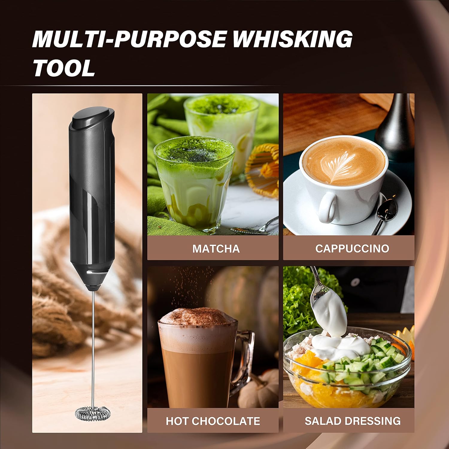 Simple Deluxe Milk Frother Handheld with Stainless Steel Stand Battery Operated Whisk Drink Mixer for Coffee, Frappe, Latte, Matcha, Black Handheld