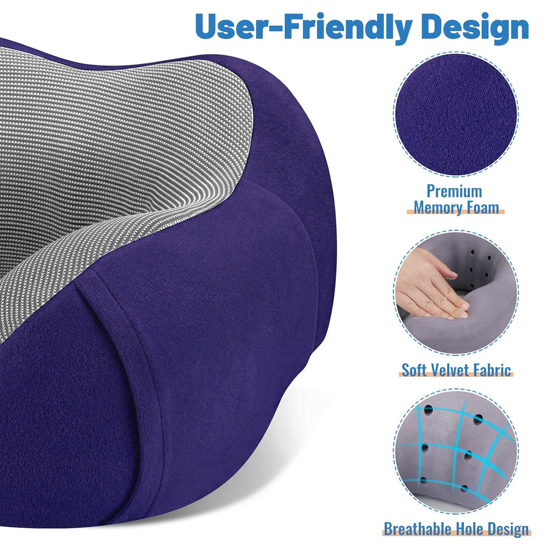 CloudBliss Travel Pillow Premium Memory Foam, Comfortable & Supportive Neck Pillow, Pain Relief Sleeping Neck Pillows for Travel, Airplane Pillow for Sleeping Airplane, Car, Office and Home（Navy）