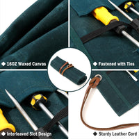 Tool Roll Up Pouch, Heavy Duty 16oz Waxed Canvas Tool Bag, Multi-Purpose Chisel Pouch - 10 Pockets & 1 Tie Rope | Dark Green | 14" L x 9" W