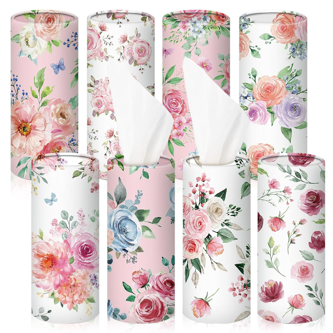 Ctosree 8 Pcs Car Tissue Cylinder with Facial Tissue Bulk Round Floral Car Tissue Holder Cylinder Tube Tissue Tubes Round Tissue Boxes for Car Travel Tissues Fit Car Cup Holder Round Container
